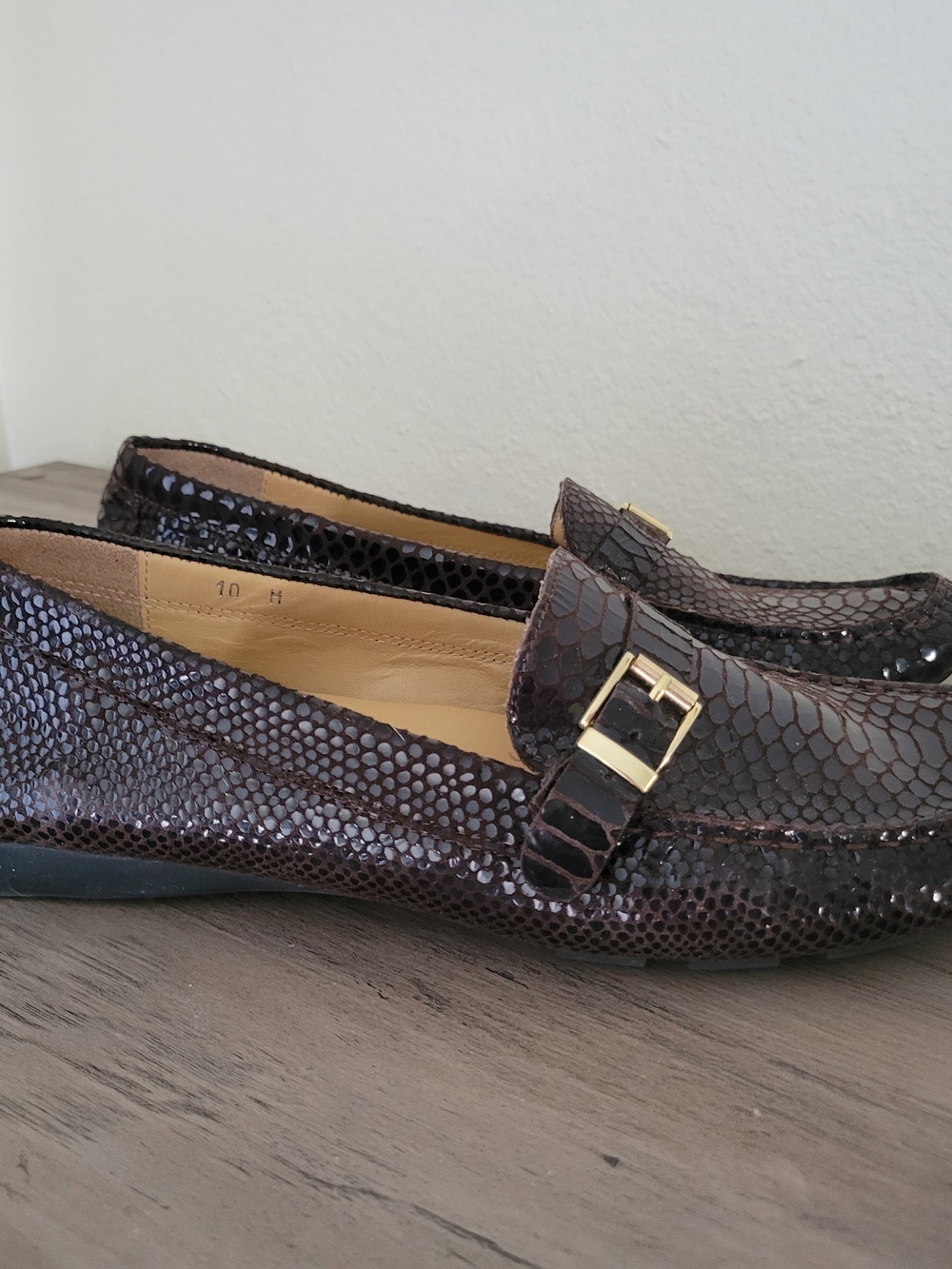 Vaneli Dark Brown Faux-Snake Loafers with Gold Buckle Accent